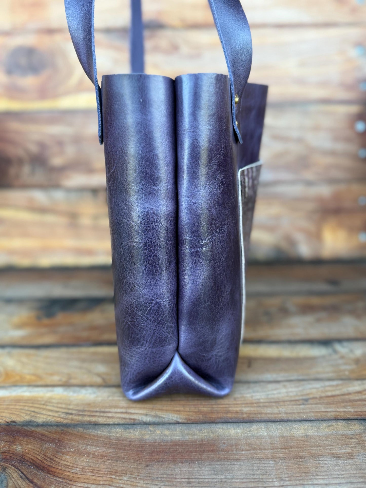 Purple with Purple Crocodile-Print Premium Leather Medium Sized Tote with Pocket & Keychain Holder